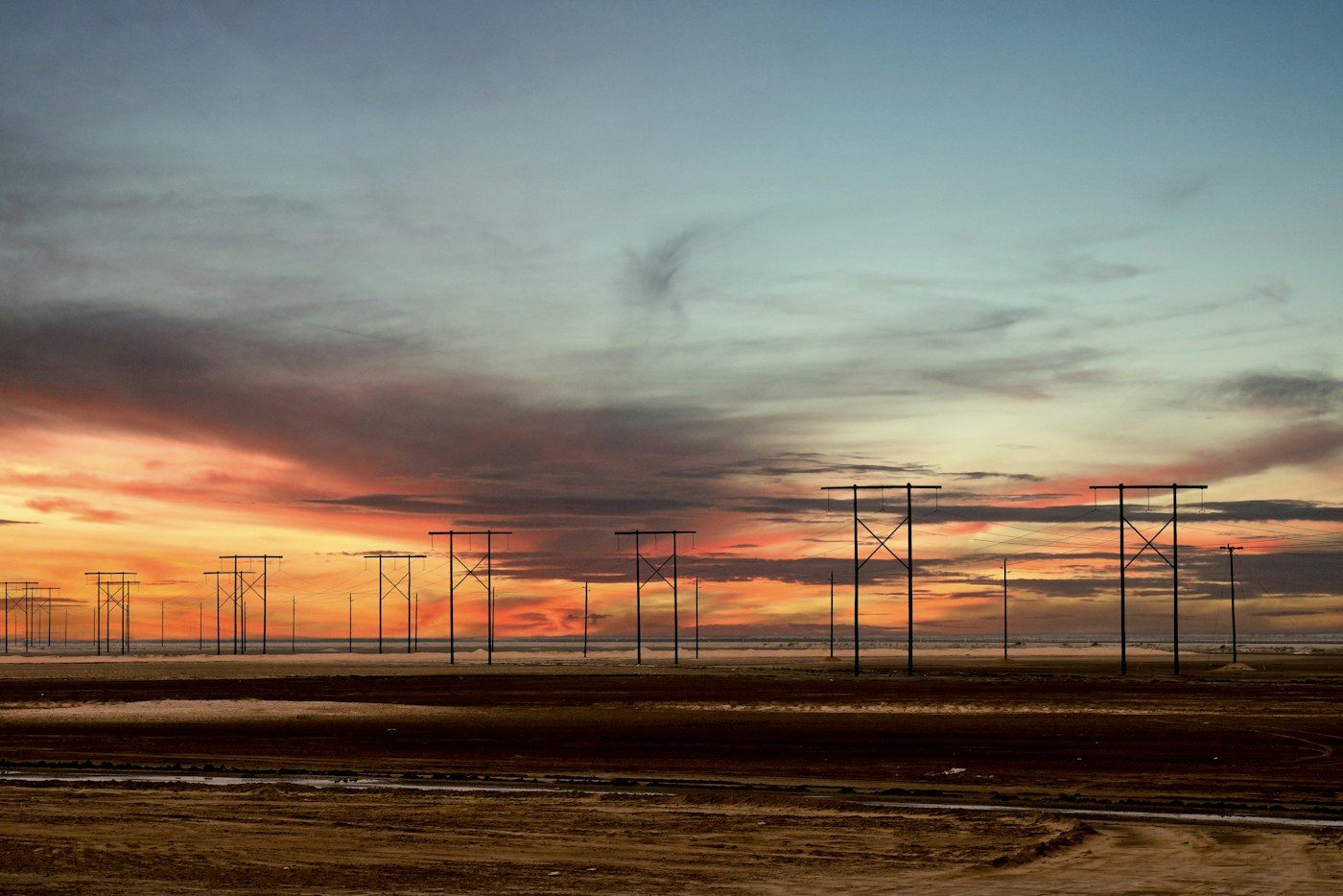 Power lines at sunset near Jubail